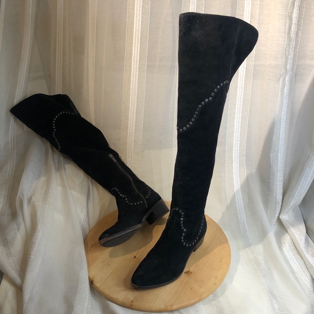Frye boots suede rivet over the knee. Fold over leather. Size 6.5